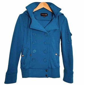 Forever 21 Womens Knit Pea Coat Fitted Jacket Size Small Teal Button Front
